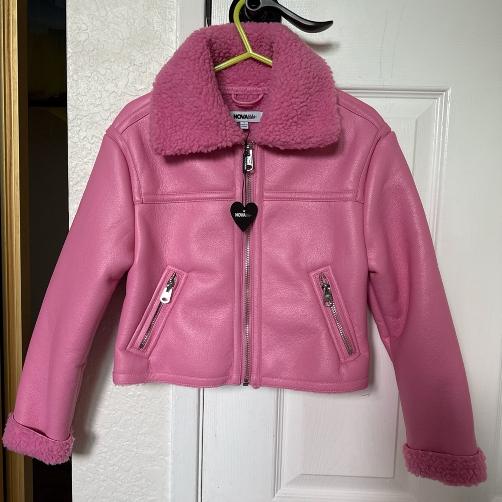 Pink Faux Leather Jacket with Sherpa Collar